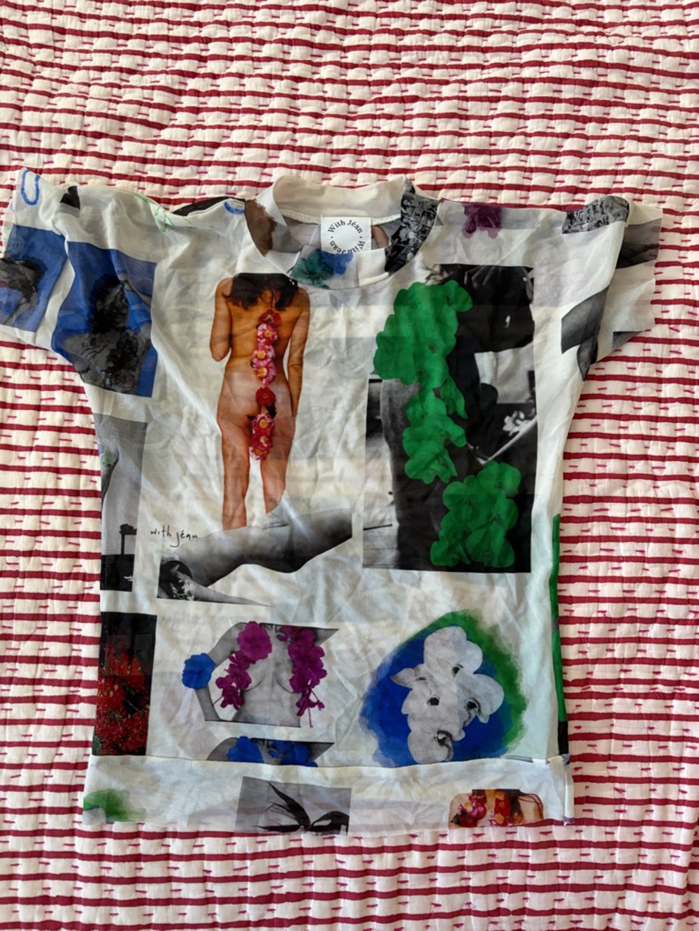 With Jean Mesh Graphic Print Top